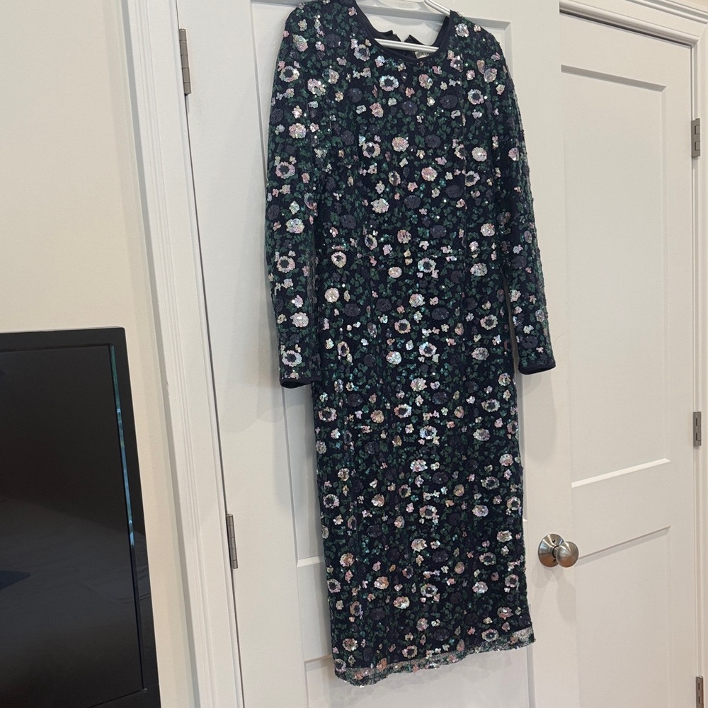 Navy blue, silver, green sequins long sleeve dress